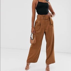 ASOS DESIGN Belted Wide Leg Pants in Pinstripe - Tobacco